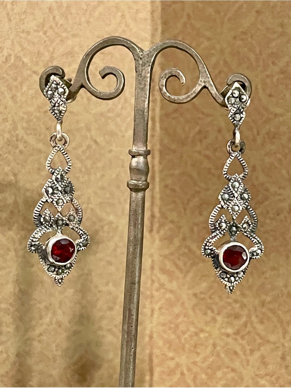 Garnet, Marcasite and Sterling Earrings